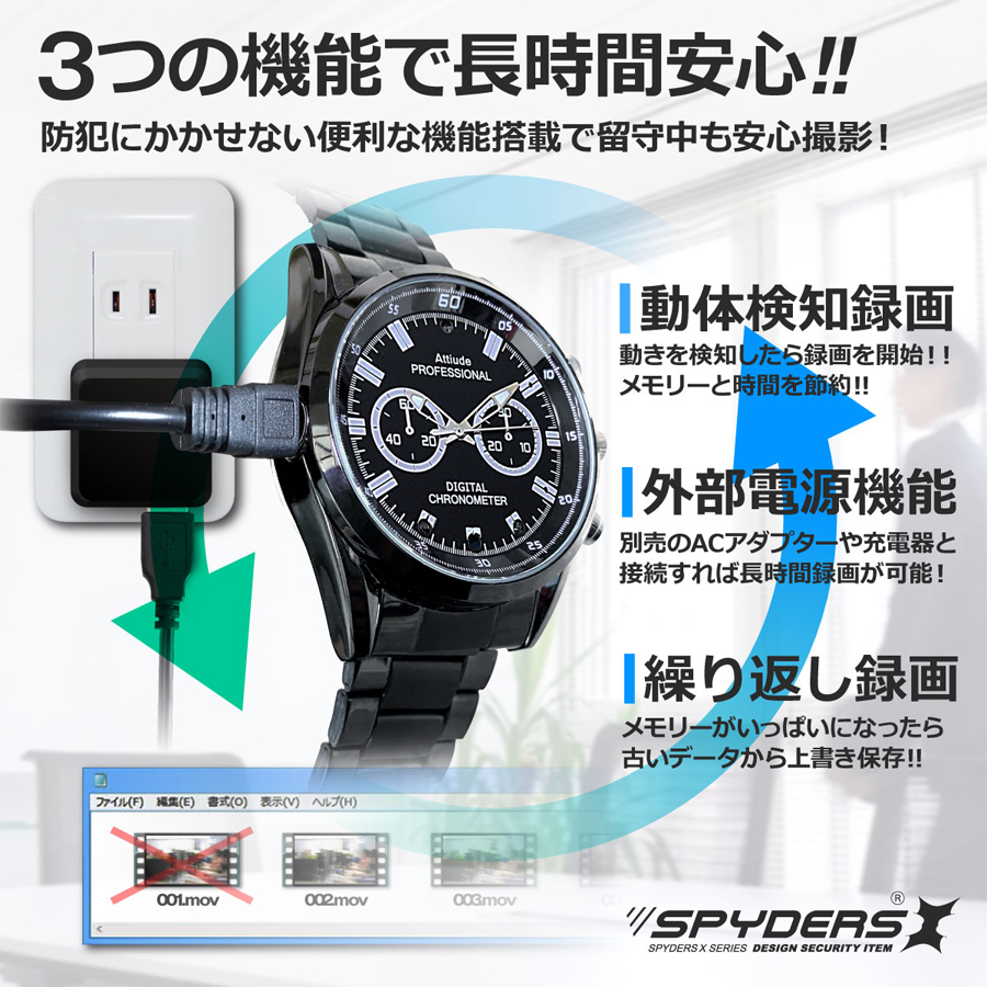 W-716 | フルHD録画対応腕時計擬装(偽装)小型カメラ【オン